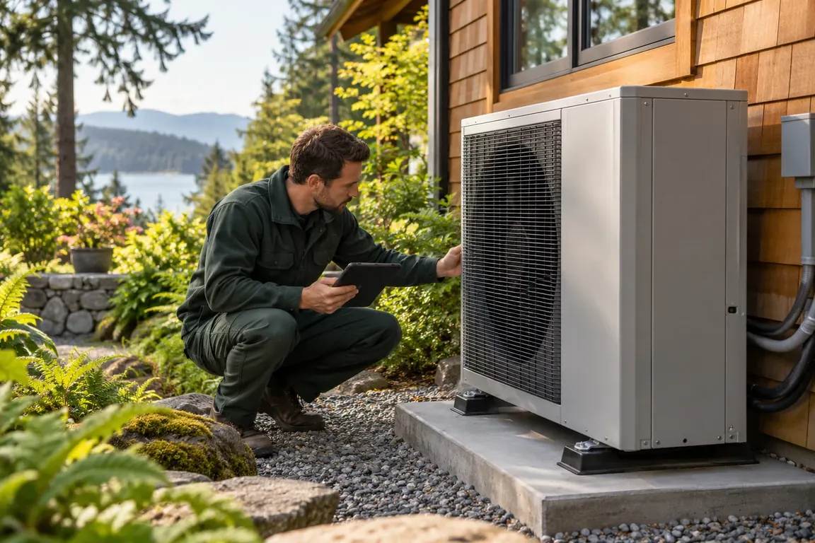 Contemporary home with a heat pump, illustrative imagery